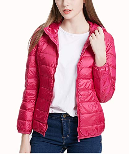 QCHENG Steppjacke Damen Leicht Daunenjacke Packbar mit Kapuze Winter Wärm Kälteschutz Daunenmantel Rose rot XL von QCHENG