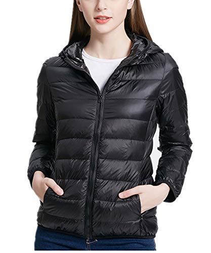 QCHENG Steppjacke Damen Leicht Daunenjacke Packbar mit Kapuze Winter Wärm Kälteschutz Daunenmantel Schwarz L von QCHENG