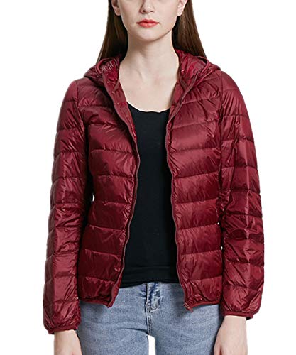 QCHENG Steppjacke Damen Leicht Daunenjacke Packbar mit Kapuze Winter Wärm Kälteschutz Daunenmantel Weinrot M von QCHENG