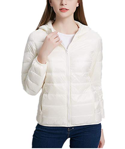 QCHENG Steppjacke Damen Leicht Daunenjacke Packbar mit Kapuze Winter Wärm Kälteschutz Daunenmantel Weiß XXL von QCHENG