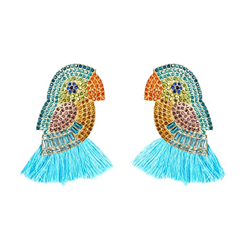 Bunte Papageien-Quasten Ohrringe für Frauen, Böhmische Papagei-Fransen-Ohrringe, Papagei Aussage Ohrringe Boho Schmuck, Papagei-Tier-Tropfen-Ohrringe (Blau) von QDDollarsFun