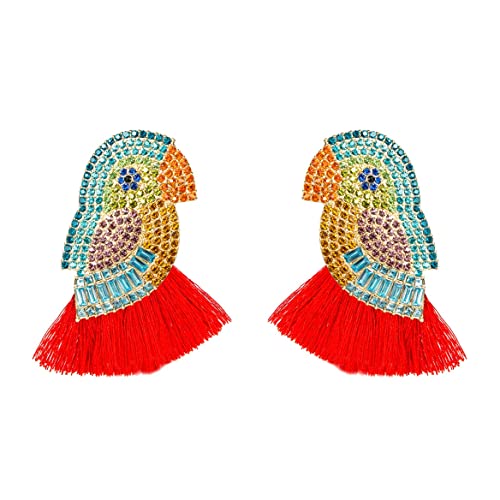 Bunte Papageien-Quasten Ohrringe für Frauen, Böhmische Papagei-Fransen-Ohrringe, Papagei Aussage Ohrringe Boho Schmuck, Papagei-Tier-Tropfen-Ohrringe (Rot) von QDDollarsFun