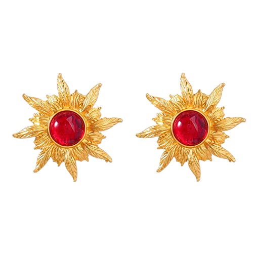 Goldene Sonnenblumen Ohrringe, Goldfarbene Sonnenblumen-Ohrringe für Damen, Böhmische Sonnenblumen-Blumen-Aussage-Ohrringe Sommer-Schmuck, Sonnenblumen Förmige Tropfen Ohrringe (Rot) von QDDollarsFun