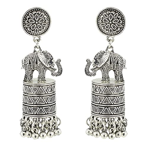 Indische Elefanten Ohrringe, Böhmische Elefanten Jhumka Jhumki Ohrhänger für Frauen, Jahrgang Elefanten Glöckchen Quasten Ohrringe, Punk Elefant Kronleuchter Ohrringe Boho Schmuck (Silber) von QDDollarsFun