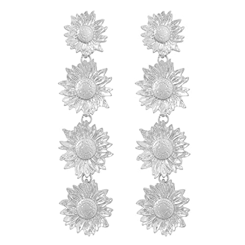 Sonnenblumen-Blumen-Ohrringe für Frauen, Böhmische Sonnenblume linearen Ohrringe, Sonnenblumen Aussage Ohrringe Boho Schmuck, Sonnenblumen-Tropfen-Ohrringe für Mädchen (Silber) von QDDollarsFun