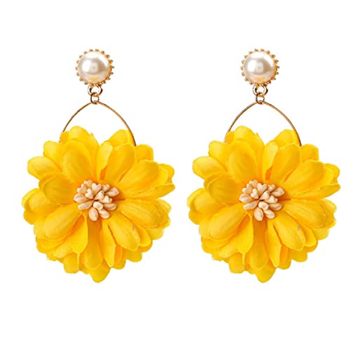 Stoff-Gänseblümchen-Ohrringe, Stoff-Blumen-Ohrringe für Frauen, Böhmische Chrysanthemen-Ohrringe, Perlenblüten-Aussage-Ohrringe Blumen-Boho-Schmuck, Stoff-Floralen-Tropfen-Ohrringe für Mädchen von QDDollarsFun