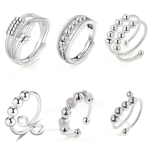 7 Stück Anti Stress Ring Verstellbare, Anxiety Ring Silber mit Perlen, Frauen Damen Antistress Ringe Linderung von Angst Fidget Ring Offene Stressringe Angstring Schmuck Geschenke für Frauen (Silber) von QESSUVNC