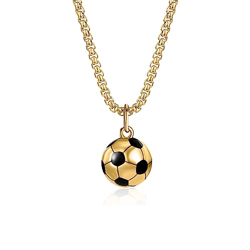 QESSUVNC Fußball Anhänger Edelstahl Fußball Charm Halskette Kinder Jungen 3D-Design Kinderketten Jungs Fußball Geschenke Kette Jungs Fußball Halskette für Unisex Männer Frauen Schmuck (Gold) von QESSUVNC