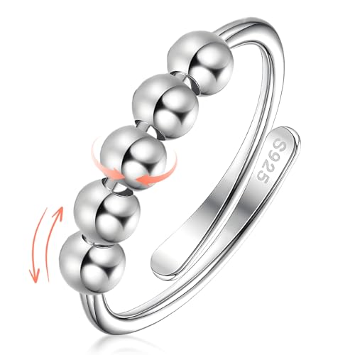 QESSUVNC Anti Stress Ring Silber 925 Damen Anxiety Ring Verstellbare Fidget Ring Band Ring mit Beweglichen Perlen Angst Ring Zappeln Spinner Dekompressionsring Schmuck Geschenk für Mädchen Herren von QESSUVNC