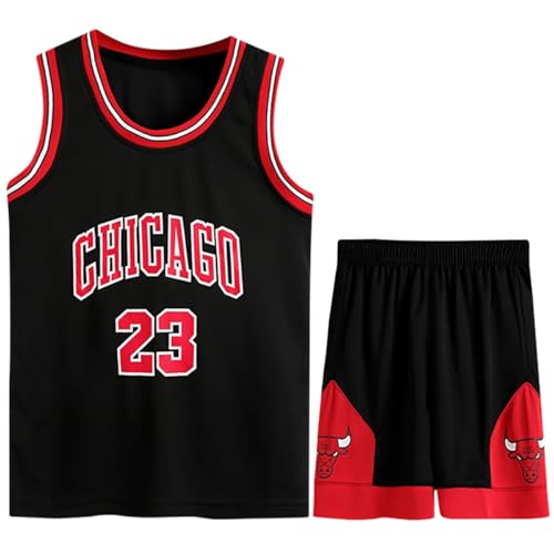 Basketball Trikot für Kinder,Basketball Kinder Trikot,Mit Trikot und Hose,Kinder ärmelloses Atmungsaktives Basketball Sportbekleidung,Schnell Trocknend Basketball Jersey (Schwarz, 2XS/3-4 Jahren/110) von QFBHJLA