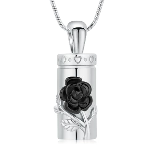 QGJNSGC Zylinder-Urnen-Halskette für Asche für Damen/Herren, Rosenblüte, Einäscherungsanhänger, Phiole Memorial Loved One Anhänger, Andenken, Schmuck, Geschenk, Edelstahl von QGJNSGC