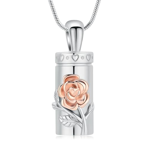 QGJNSGC Zylinder-Urnen-Halskette für Asche für Damen/Herren, Rosenblüte, Einäscherungsanhänger, Phiole Memorial Loved One Anhänger, Andenken, Schmuck, Geschenk, Edelstahl von QGJNSGC