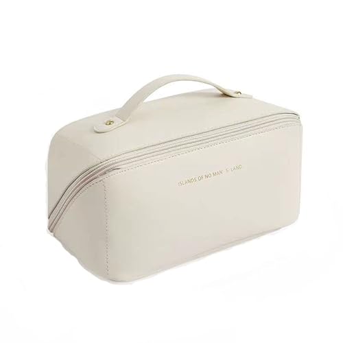 Makeup Bag Large Capacity Simple Layered Design Travel Toiletry Bag Organ Bag for Women Portable Waterproof PU Leather Skincare Bag with Handle and Divider (White) von QIAMNI