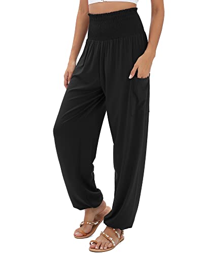 QIANXIZHAN Damen Haremshose Hohe Taille Yoga Boho Hose mit Taschen, Schwarz, XX-Large von QIANXIZHAN