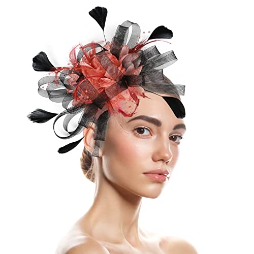 Fascinator Hochzeit Women's Vintage Accessories Sinamay Feather Flower Derby Ball Feather Flower Veil Bowler Bride Hat for Cocktail Wedding Banquet Hat Headband von QIFLY