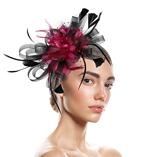 Fascinator Schwarz Women's Elegant Summer Fascinator Bridal Hat Pillbox Schleier Hut Feder Kopfschmuck Fascinator Hochzeit Bridal Wedding for Dress Party Cocktail von QIFLY