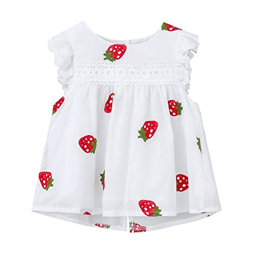 QINQNC Baby Mädchen Ärmelloses Kleid Sommer Casual Sundress Floral Erdbeer Stickerei Spitze Swing Kleid Kleinkind Entzückendes Kleid (White, 0-6 Months) von QINQNC