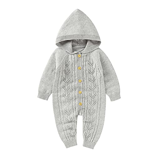 QINQNC Baby Mädchen Boy Pullover Strampler Neugeborenes Kabel Strick Hoodie Langarm Jumpsuit Herbst Kleidung Winter Outfits (Grey, 0-3 Months) von QINQNC