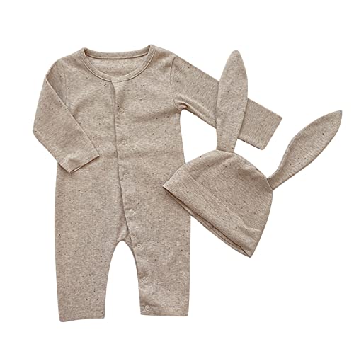 QINQNC Baby Mädchen Junge Ostern Outfit Jumpsuit Strampler Knopf Langarm Bodysuits mit langem Ohr Kaninchen Hut Bunny Kleidung (Khaki, 0-3 Months) von QINQNC