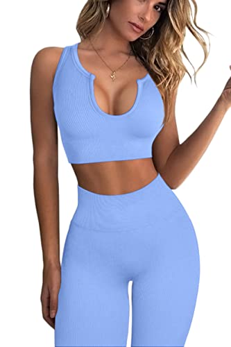 FAFOFA Workout Outfits für Frauen 2-teiliges geripptes nahtloses bauchfreies Tanktop hohe Taille Yoga Leggings Sets, Blau 01, Large von QINSEN