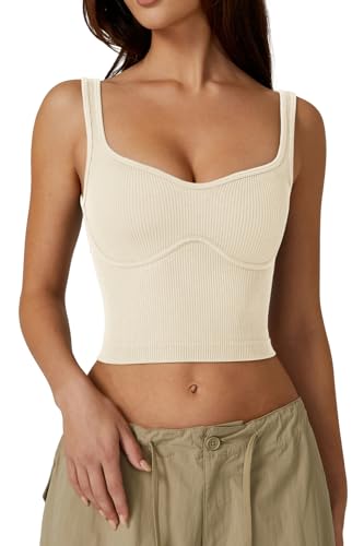 QINSEN Ärmelloses Cropped-Tanktop für Damen, gerippt, nahtlos, Sweetheart-Ausschnitt, zum Ausgehen, Beige, Mittel von QINSEN