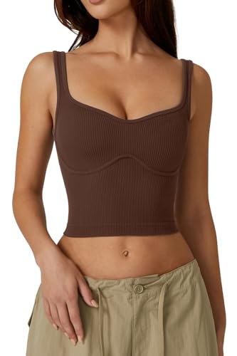 QINSEN Ärmelloses Cropped-Tanktop für Damen, gerippt, nahtlos, Sweetheart-Ausschnitt, zum Ausgehen, Braun, Groß von QINSEN