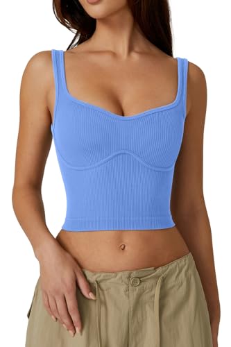 QINSEN Ärmelloses Cropped-Tanktop für Damen, gerippt, nahtlos, Sweetheart-Ausschnitt, zum Ausgehen, Vista, Blau, Klein von QINSEN