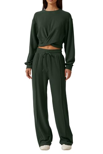 QINSEN Damen 2-teiliges Outfit, Sweatanzug-Set, gedrehte Vorderseite, bauchfreies Sweatshirt, weites Bein, Jogginghose, Lounge-Set, Trainingsanzug, Grün (Forest Green), Large von QINSEN