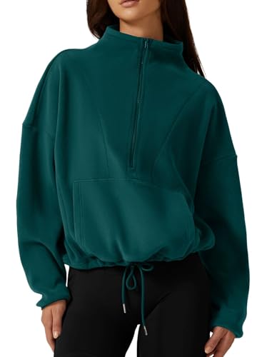 QINSEN Damen-Sweatshirt mit halbem Reißverschluss, Stehkragen, langärmelig, Winter, gemütlich, Sherpa-Pullover, Grün (Forest Green), L von QINSEN