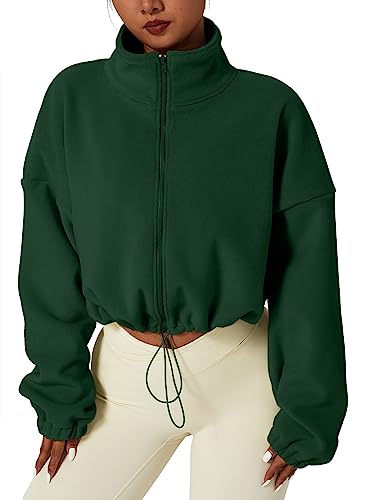 QINSEN Damen Full Zip Fleece Kurze Jacke Warm Winter Langarm Stehkragen Sherpa Crop Coat, Grün (Forest Green), S von QINSEN