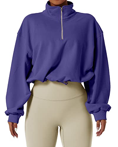 QINSEN Damen Half Zip Crop Sweatshirt High Neck Langarm Pullover Athletic Cropped Tops, Violetter Quarz, M von QINSEN