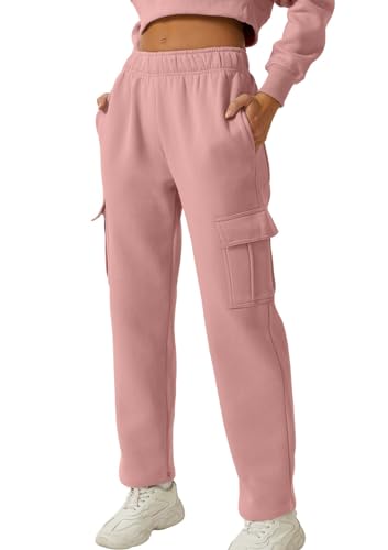 QINSEN Damen-Jogginghose mit mittlerer Taille, elastische Taille, lässige Fleece-Hose mit Taschen, Pfirsichleder, M von QINSEN