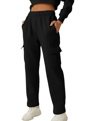 QINSEN Damen-Jogginghose mit mittlerer Taille, elastische Taille, lässige Fleece-Hose mit Taschen, Schwarz, M von QINSEN