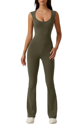 QINSEN Damen Jumpsuit mit Herzausschnitt, ärmellos, hohe Taille, lange ausgestellte Hose, Stretch-Overall, Dusty Olive, Klein von QINSEN