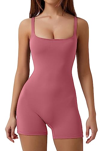 QINSEN Damen Jumpsuit mit quadratischem Ausschnitt, kurzer Jumpsuit für Yoga, Training, Workout, Pflaume, L von QINSEN