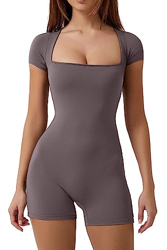 QINSEN Damen-Jumpsuit, kurzärmelig, figurbetont, dehnbar, quadratischer Ausschnitt, sexy Einteiler, grau dunkel, M von QINSEN