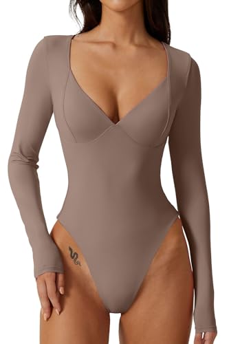 QINSEN Damen Langarm Bodysuit V-Ausschnitt Body Suits Seamed Cup Going Out Tops Shirt, Rose Taupe, XL von QINSEN