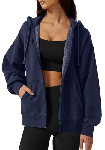 QINSEN Damen Relaxed Zip Up Hoodie Herbst Oversized Sweatshirt Cozy Fleece Jacke mit Tasche, Blau (Estate Blue), L von QINSEN