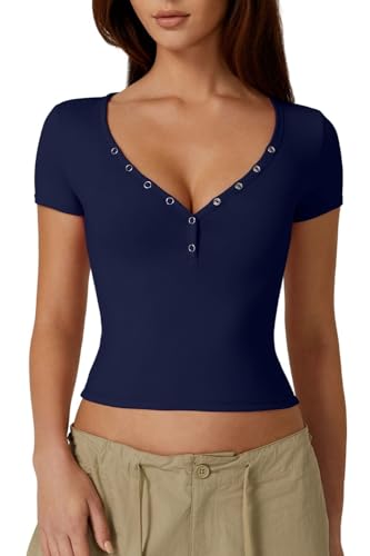 QINSEN Damen Sexy Kurzarm Henley T Shirts Doppelt Gefüttert Knopfleiste Slim Fit Crop Top Y2K Going Out Tops, Marineblau, X-Groß von QINSEN