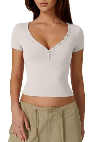 QINSEN Damen Sexy Kurzarm Henley T Shirts Doppelt Gefüttert Knopfleiste Slim Fit Crop Top Y2K Going Out Tops, Weiss/opulenter Garten, X-Klein von QINSEN