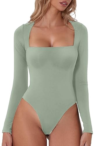 QINSEN Damen Sexy Square Neck Bodysuit Langarm Doppelt Gefüttert Shirt Tops, Rauchgrün, XS von QINSEN