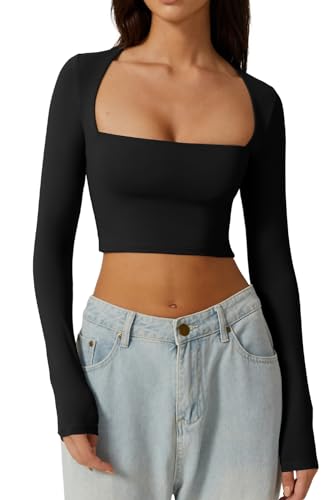 QINSEN Damen Sexy Square Neck Crop Top Langarm Slim Fit Cropped T-Shirts, Schwarz, Mittel von QINSEN