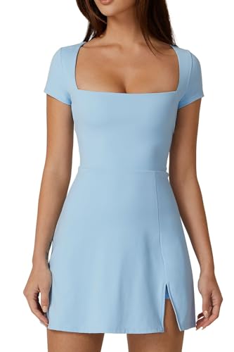 QINSEN Damen-Tenniskleid mit quadratischem Ausschnitt, kurze Ärmel, integrierte Shorts, Golfkleid mit Taschen, luftiges Blau, X-Groß von QINSEN