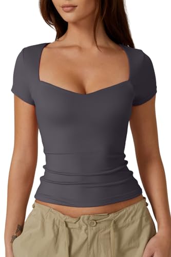 QINSEN Kurzärmeliges Damen-T-Shirt mit Herzausschnitt, schmale Passform, trendiges bauchfreies Top, grau dunkel, Klein von QINSEN