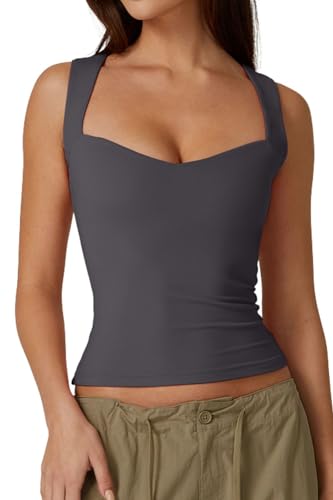 QINSEN Sexy Damen-T-Shirt, Herzausschnitt, ärmellos, doppelt gefüttert, schlankmachende Passform, grau dunkel, Klein von QINSEN