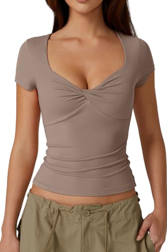 QINSEN Sexy Damen-T-Shirt, gedrehte Vorderseite, V-Ausschnitt, doppelt gefüttert, kurze Ärmel, schmale Passform, bauchfreies Top, trendiges Y2K-Top, Pilz, Klein von QINSEN