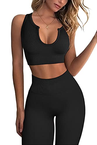 QINSEN Workout-Outfits für Damen, 2-teilig, gerippt, nahtlos, bauchfrei, hohe Taille, Yoga-Leggings, 03 Schwarz, Medium von QINSEN