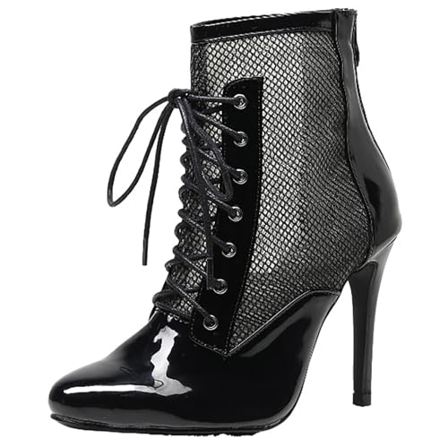 Damen-Mesh-Schnür-Stiletto-High-Heel-Stiefel Sommer Sexy Mode Bequeme High-Top-Booties Ballsaal-Tanz Moderner Jazz, Latin, Professionelle Tanzschuhe Mit Reißverschluss ( Color : Black , Size : 39 ) von QIQOCCR