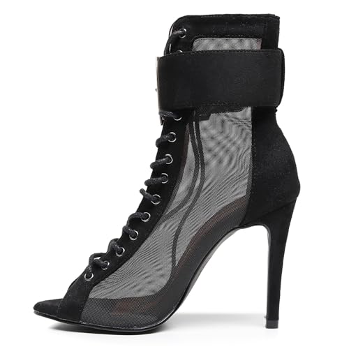 Damen-Mesh-Stiletto-High-Heel-Professionelle Tanz-Sandale-Stiefel Sommer Sexy Bequem High Top Offene Zehen Knöchelriemen Schnallenriemen, Moderne Walzer-Jazz-Latin-Ballsaal-Tanzschuhe ( Color : Black von QIQOCCR