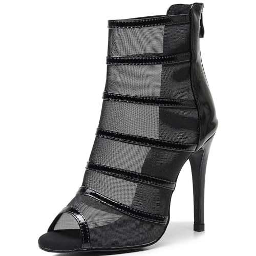 Damen Mesh Stiletto High Heel Stiefel Sexy Bequeme Peep-Toe High Top Modern Jazz Latin Ballroom Dance Professionelle Tanzsandalen Schuhe Mit Reißverschluss (Color : Black, Size : 38) von QIQOCCR